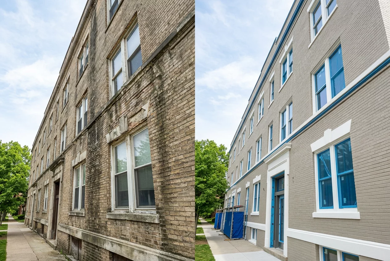 Cottage facade restoration before after
