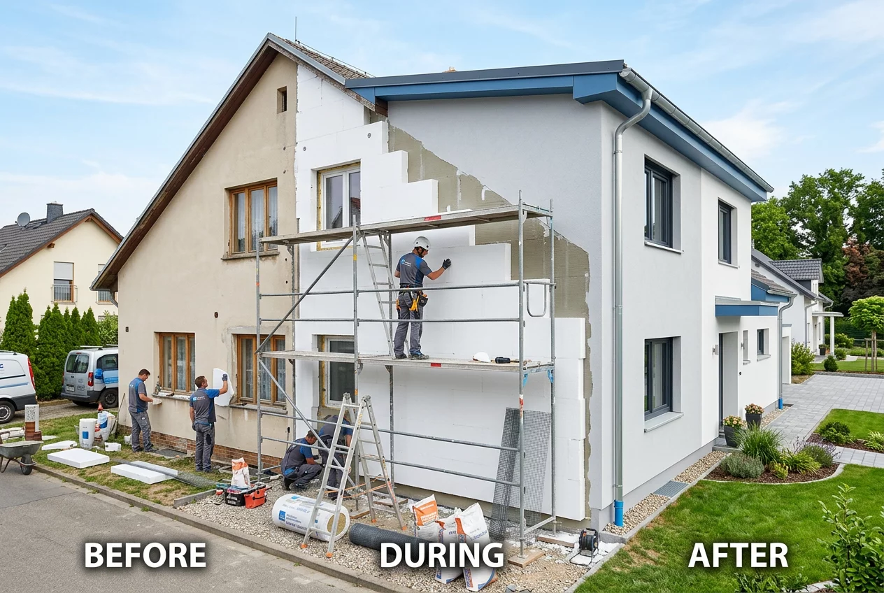 House thermal insulation before and after
